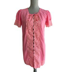 Vintage Pink Lace Trimmed Short Sleeve Robe With Front Tie Closure - Small